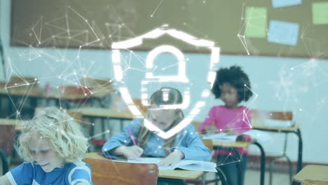 Animation-of-security-padlock-icon-and-network-of-connections-against-students-studying-at-school