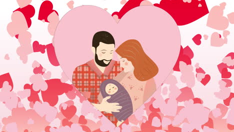 Animation-of-multiple-hearts-over-happy-family-with-baby-on-white-background