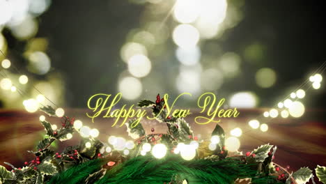 Animation-of-happy-new-year-text-banner-and-glowing-fairy-lights-against-decorated-christmas-wreath