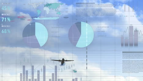 Animation-Der-Infografik-Oberfläche-über-Einer-Tiefansicht-Eines-Flugzeugs,-Das-Vor-Einem-Bewölkten-Himmel-Fliegt