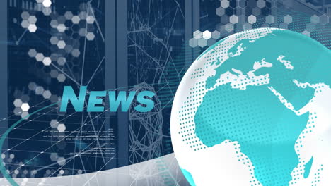 Animation-of-news-text-banner-with-spinning-globe-and-plexus-networks-against-computer-server-room