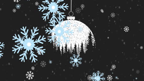 Animation-of-snowflakes-falling-over-hanging-bauble-decoration-with-winter-landscape-print