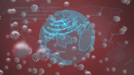 Animation-Von-Covid-19-Zellen-Und-Datenverarbeitung-über-Globus-Und-Weltkarte-Vor-Rotem-Hintergrund