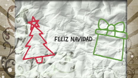 Animation-of-hand-drawing-feliz-navidad-and-christmas-decorations-on-crumpled-white-paper-background