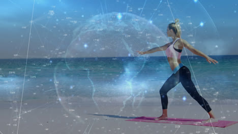 Animation-of-network-of-connections-and-globe-over-practicing-yoga-on-the-beach