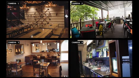 Four-security-camera-views-of-restaurant-and-bar-interiors-and-outside-terrace,-slow-motion