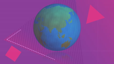 Animation-Eines-Sich-Drehenden-Globus-über-Abstrakten-Formen-Auf-Violettem-Farbverlauf-Hintergrund-Mit-Kopierraum