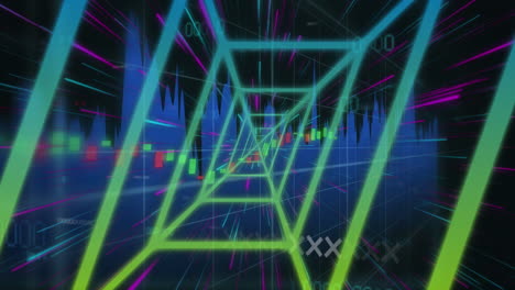 Animation-Eines-Neontunnels,-Lichtspuren-In-Nahtlosem-Muster-Und-Datenverarbeitung-Auf-Schwarzem-Hintergrund