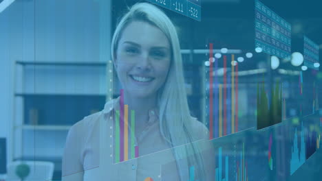 Animation-of-statistical-data-processing-against-portrait-of-caucasian-woman-smiling-at-office