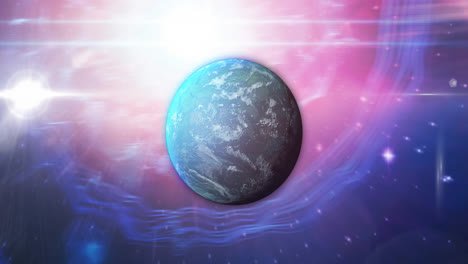 Animation-of-blue-planet-over-pink-and-blue-space-with-stars