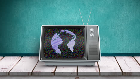 Animation-of-vintage-tv-with-globe-on-green-background