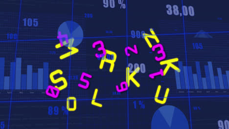 Animation-Von-Buchstaben,-Zahlen-Und-Datenverarbeitung-Auf-Blauem-Hintergrund