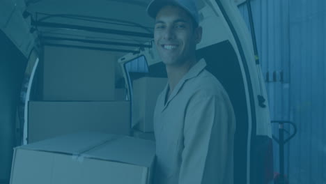 Animation-of-data-processing-against-portrait-of-caucasian-delivery-man-holding-boxes-smiling