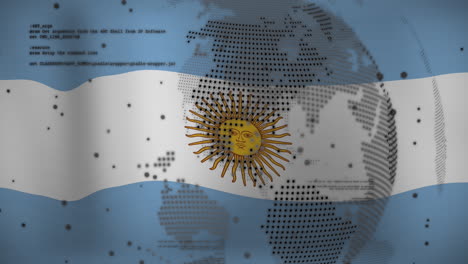 Animation-of-spinning-globe-and-data-processing-against-waving-argentina-flag-background