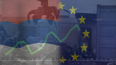 Animation-Der-Flaggen-Der-EU-Und-Der-Niederlande-über-Datenverarbeitung-Und-Mülldeponie