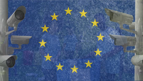 Animation-Einer-Überwachungskamera-über-Der-Europaflagge-Vor-Verschiedenen-Freunden,-Die-Eine-Spendenbox-Halten