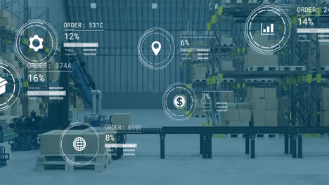 Animation-of-icons-with-data-processing-over-conveyor-belt-and-robotic-arms-in-warehouse