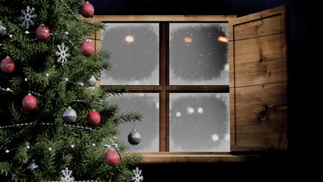 Animation-of-christmas-tree-and-window-over-snow-falling-and-cars