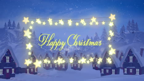 Animation-of-lights-spots-over-happy-christmas-text-on-fairylights-banner-against-winter-landscape