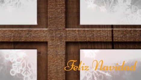 Animation-of-feliz-navidad-text-over-christmas-tree-and-wooden-window-frame-against-snowflakes