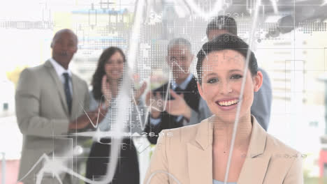 Animation-of-statistics-and-data-processing-over-diverse-business-people-smiling-and-clapping