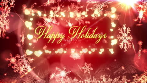 Animation-of-snowflakes-falling-over-happy-holidays-text-over-fairy-lights-banner-on-red-background