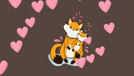 Animation-of-fox-mother-and-child-over-brown-background-with-hearts