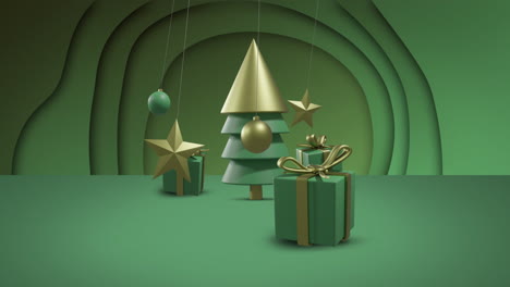Green-and-gold-baubles-swinging-over-christmas-tree-and-gifts-on-green-background