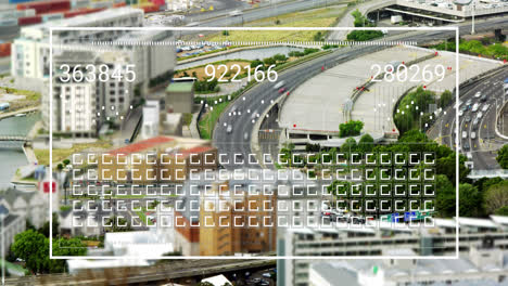 Animation-of-changing-numbers,-loading-bar-and-squares-over-time-lapse-of-moving-vehicles