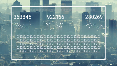 Animation-of-changing-numbers-with-loading-bar-and-squares-over-modern-cityscape