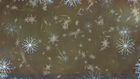 Animation-of-snowflakes-floating-and-falling-against-grey-background-with-copy-space