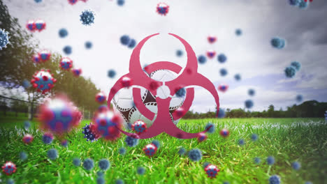 Animation-Von-Covid-19-Zellen,-Die-über-Biohazard-Zeichen-Und-Landschaftshintergrund-Fliegen