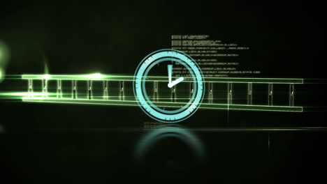 Animation-of-ticking-clock,-dna-structure,-data-processing-and-green-light-trail-on-black-background