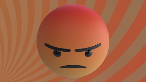Animation-of-angry-face-emoji-against-radial-rays-in-seamless-pattern-against-orange-background