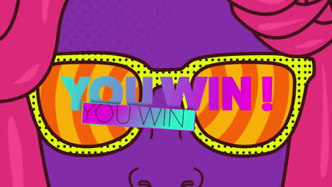 Animation-of-you-win-text-banner-over-woman-wearing-sunglasses-art-against-radial-background