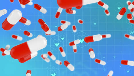 Animation-Von-Medizinischen-Symbolen-Und-Fallenden-Pillen-Auf-Blauem-Hintergrund