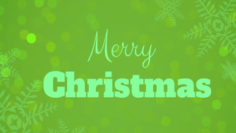 Animation-of-merry-christmas-text-banner-over-snowflake-icons-and-spots-of-light-on-green-background