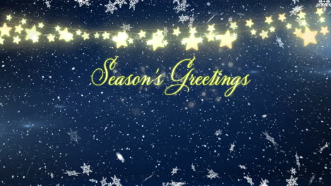 Animation-of-snowflakes-falling-over-seasons-greetings-text-banner-and-star-shaped-fairy-lights