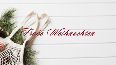 Frohe-Weihnachten-Text-In-Rot-über-Einkaufstasche-Mit-Weihnachten-Bracnhes-Auf-Weißem-Holz-Hintergrund