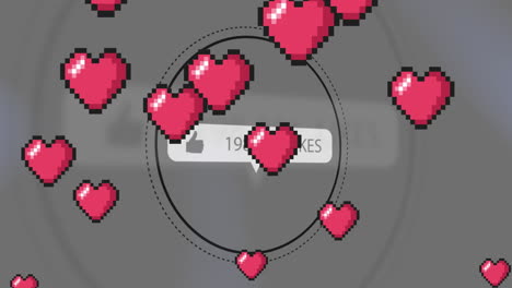 Animation-of-social-media-red-heart-icons-and-text-over-grey-background