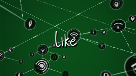 Animation-of-network-of-connections-with-icons-over-like-text-on-green-background