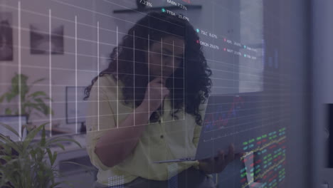 Animation-of-stock-market-data-processing-on-thoughtful-biracial-woman-woman-using-laptop-at-office
