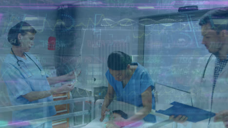 Animation-of-data-processing-over-diverse-doctors-with-boy-patient-in-hospital