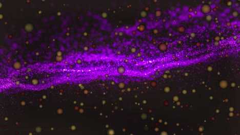 Animation-Von-Gelben-Punkten,-Die-über-Eine-Violette-Digitale-Welle-Vor-Schwarzem-Hintergrund-Mit-Kopierraum-Springen