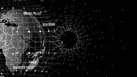 Animation-of-globe-with-connections-and-coordinates-over-black-digital-space