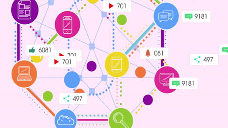 Animation-of-social-media-icons-and-text-with-connections-on-pink-background