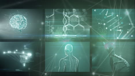 Animation-Eines-Leuchtenden-Netzwerks-Von-Verbindungen-über-Bildschirmen-Mit-Medizinischer-Datenverarbeitung