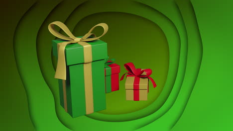 Rotierende-Rote,-Goldene-Und-Grüne-Weihnachtsgeschenke-über-Einem-Geschichteten-Grünen-Ringhintergrund