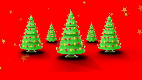 Animation-of-stars-falling-over-spinning-christmas-tree-icons-against-red-background-with-copy-space