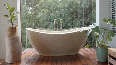 General-view-of-bathroom-with-bathtub-and-window,-slow-motion